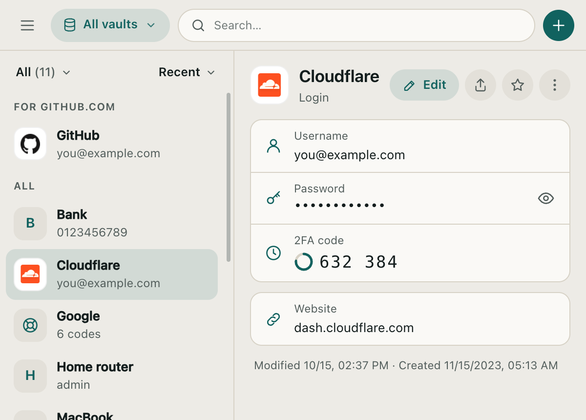 A Cloudflare login in the vault with its live 2FA code